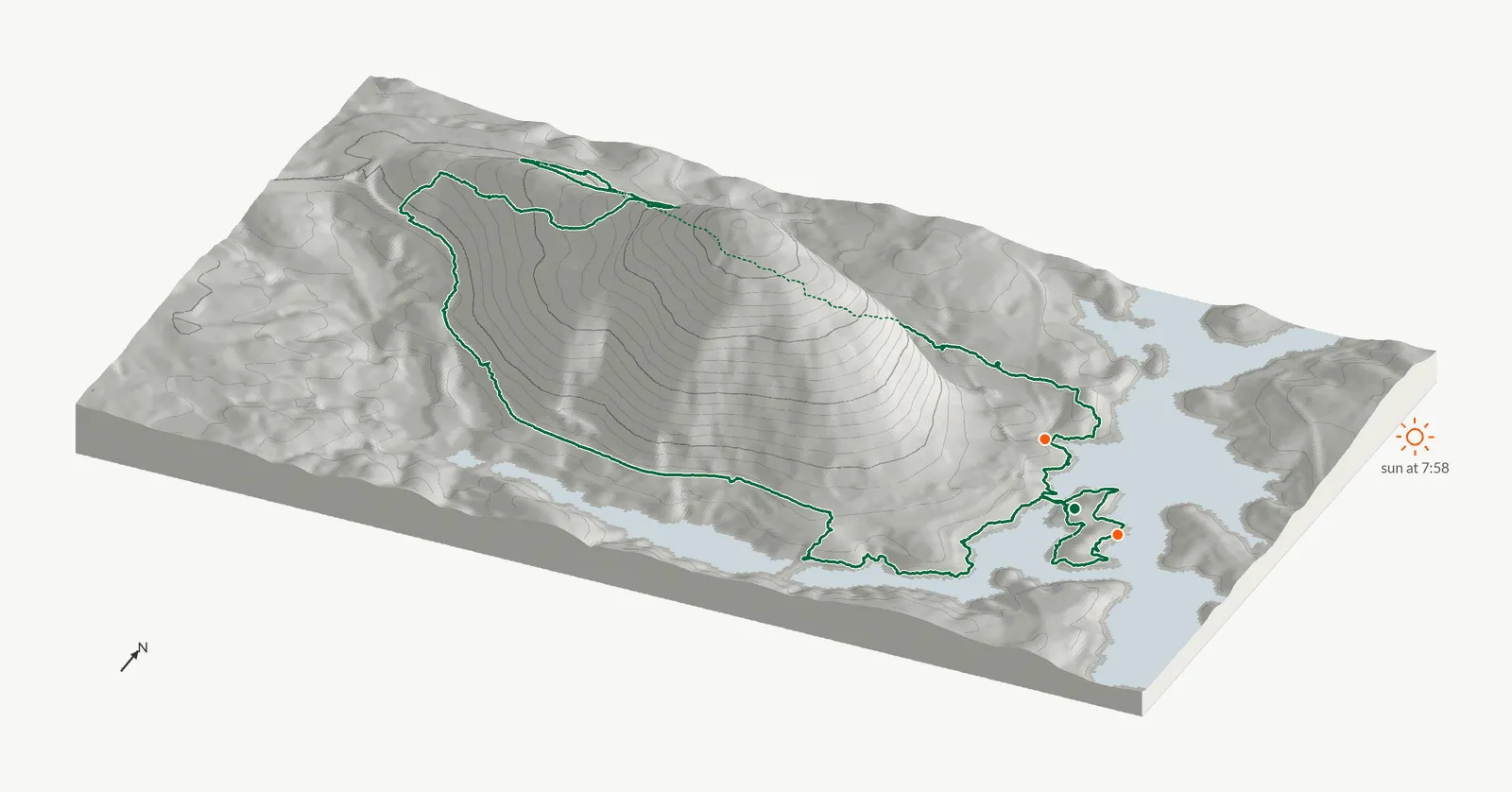 The route of May 31, 2025 on Cherokee Trail, Stone Mountain drawn on a relief model of the terrain, seen from the south-southeast and lit from the east-northeast