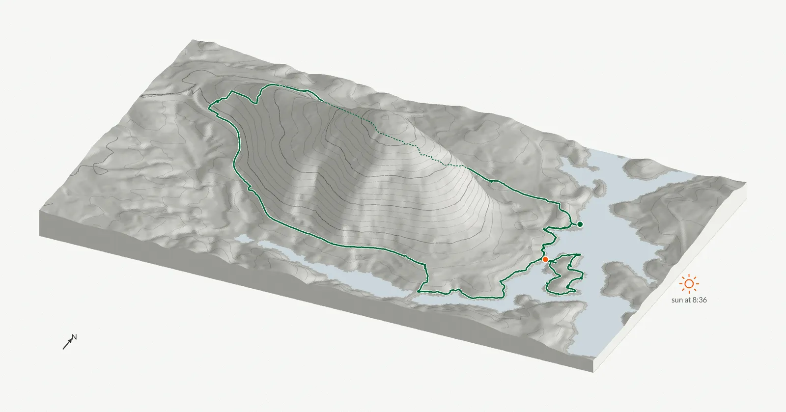 The route of September 7, 2024 on Cherokee Trail, Stone Mountain drawn on a relief model of the terrain, seen from the south-southeast and lit from the east
