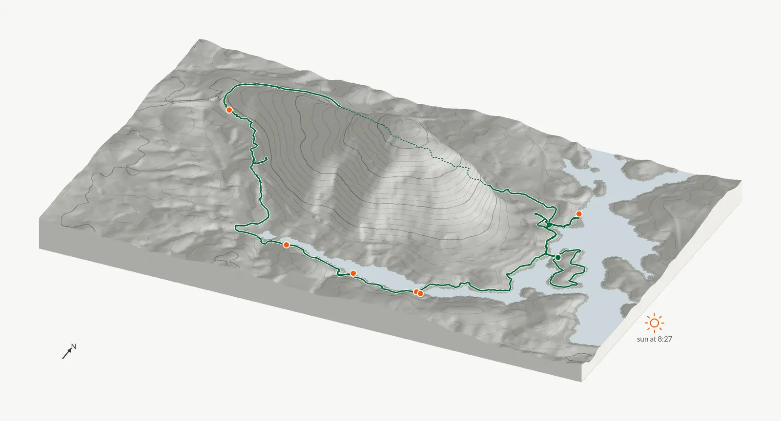 The route of October 11, 2026 on Cherokee Trail, Stone Mountain drawn on a relief model of the terrain, seen from the south-southeast and lit from the east-southeast