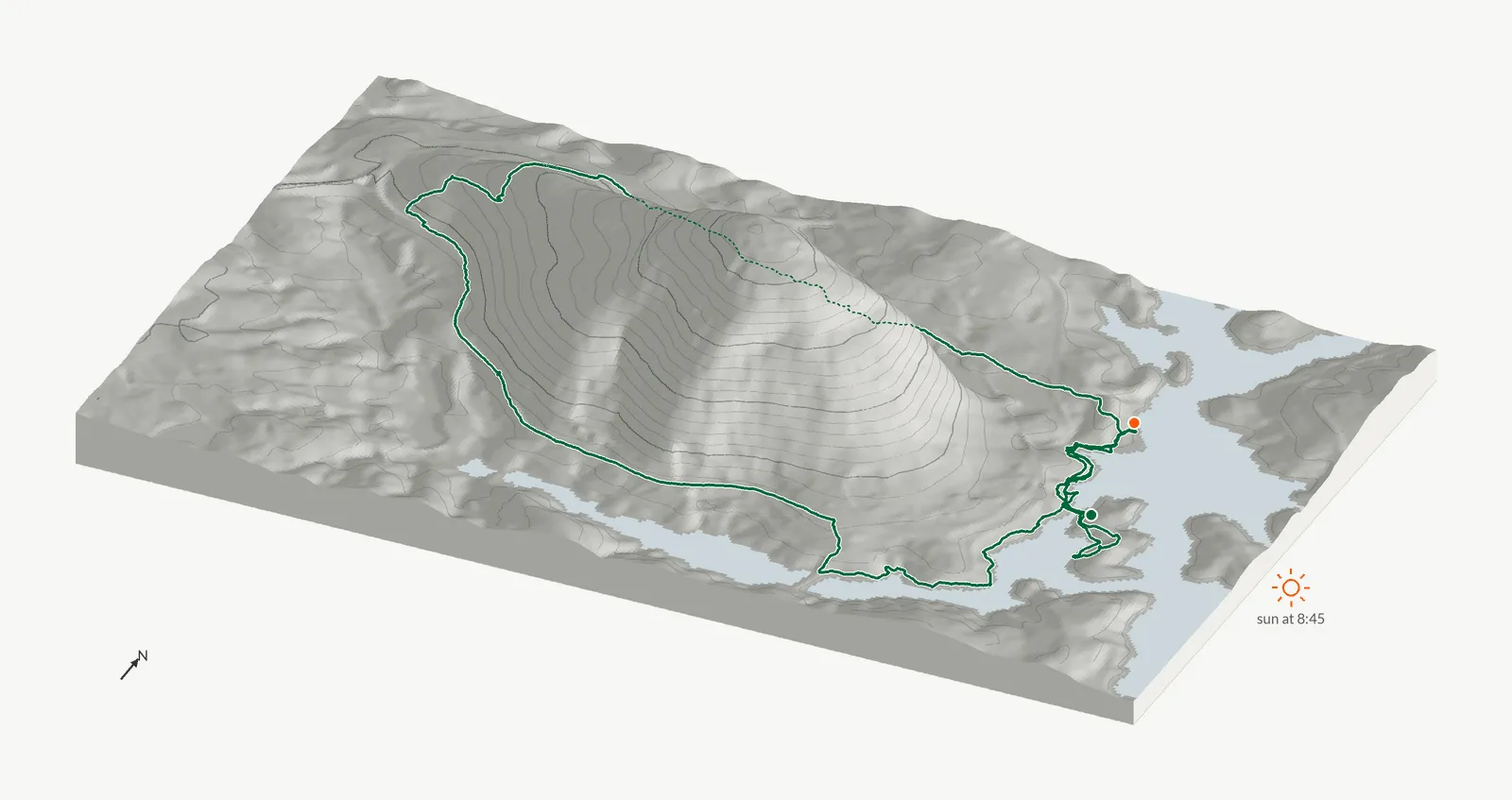 The route of March 15, 2025 on Cherokee Trail, Stone Mountain drawn on a relief model of the terrain, seen from the south-southeast and lit from the east