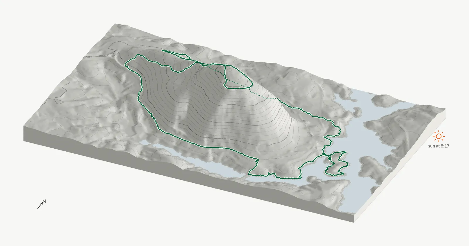The route of July 4, 2025 on Cherokee Trail, Stone Mountain drawn on a relief model of the terrain, seen from the south-southeast and lit from the east-northeast