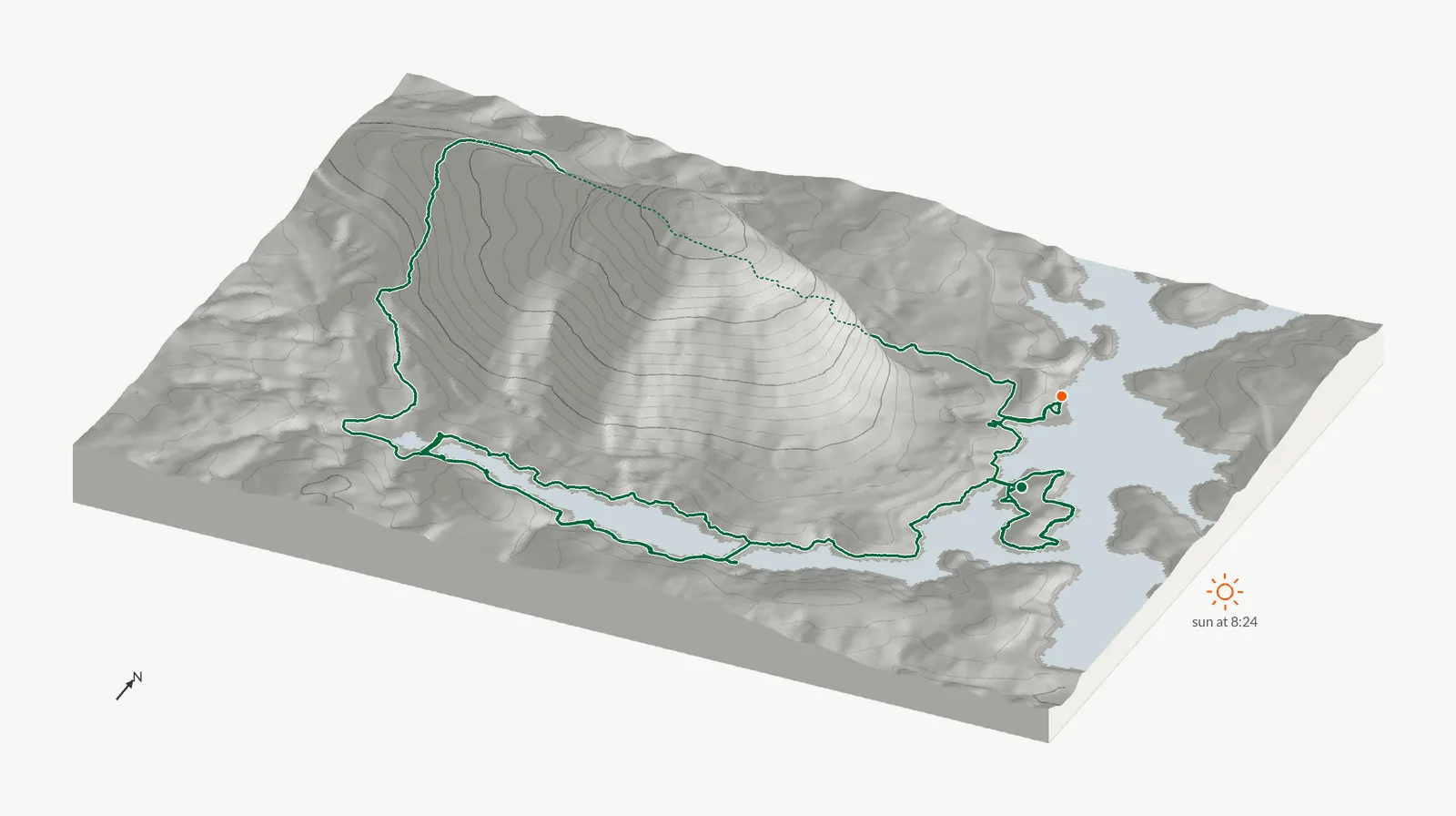 The route of October 2, 2026 on Cherokee Trail, Stone Mountain drawn on a relief model of the terrain, seen from the south-southeast and lit from the east-southeast
