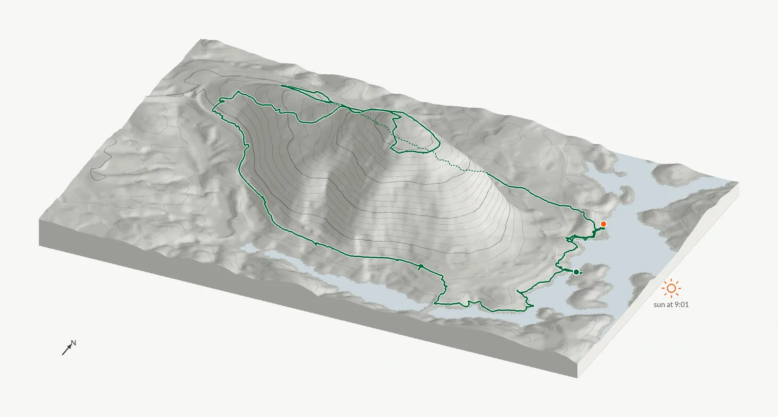 The route of April 5, 2025 on Cherokee Trail, Stone Mountain drawn on a relief model of the terrain, seen from the south-southeast and lit from the east