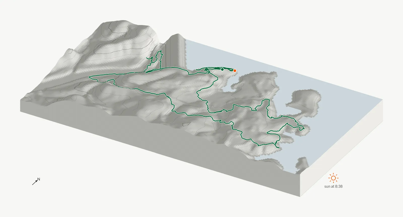 The route of October 9, 2026 on Laurel Ridge Trail drawn on a relief model of the terrain, seen from the south-southeast and lit from the east-southeast