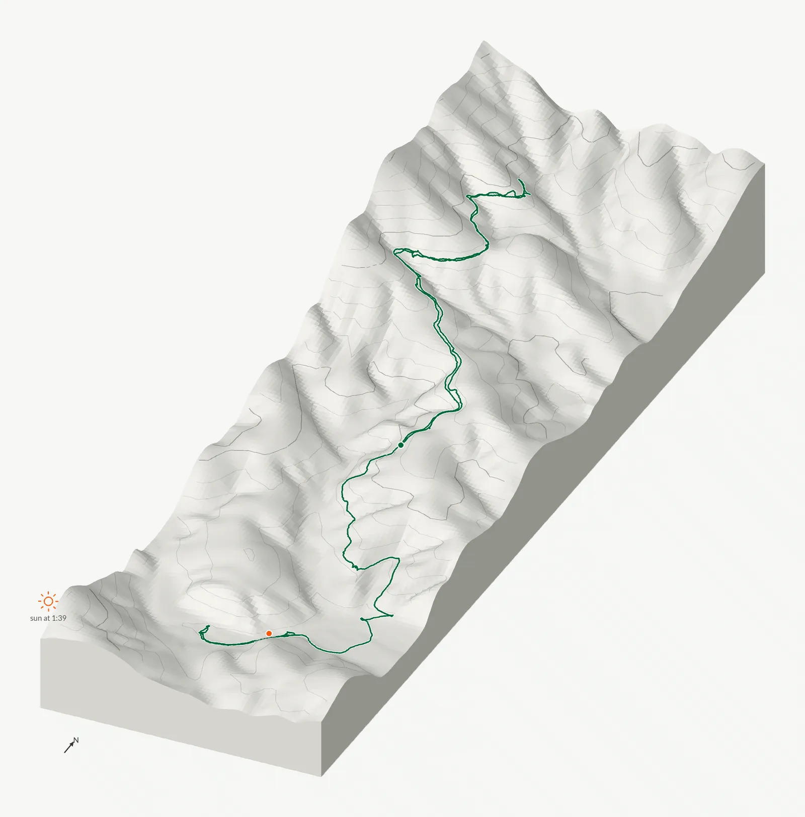 The route of February 22, 2025 on Cochran Falls drawn on a relief model of the terrain, seen from the south-southeast and lit from the south-southwest