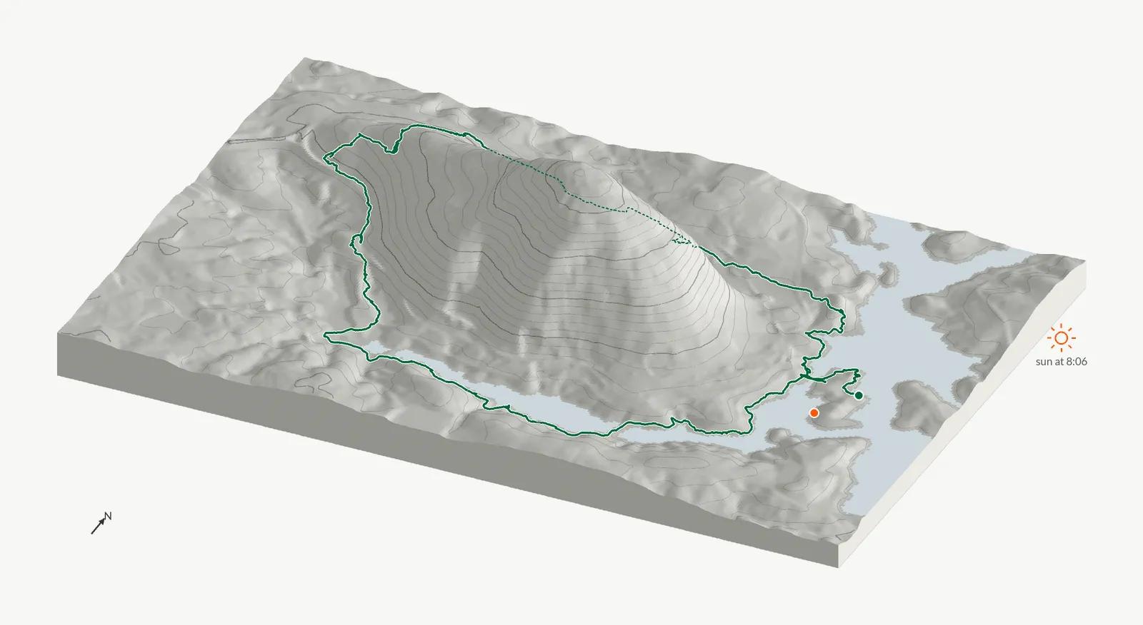 The route of June 28, 2025 on Cherokee Trail, Stone Mountain drawn on a relief model of the terrain, seen from the south-southeast and lit from the east-northeast