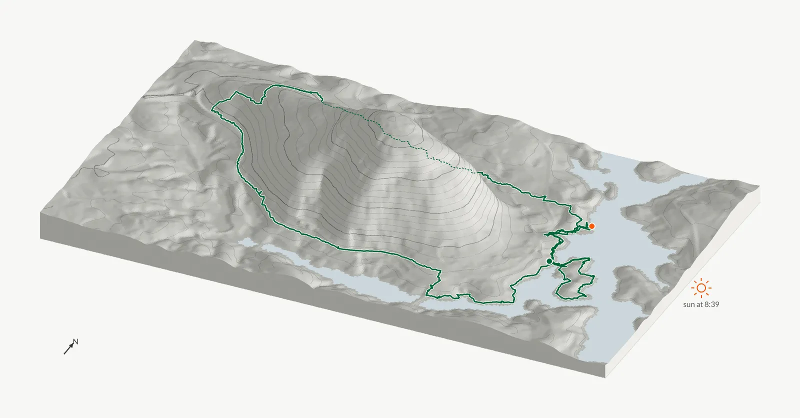 The route of September 6, 2025 on Cherokee Trail, Stone Mountain drawn on a relief model of the terrain, seen from the south-southeast and lit from the east