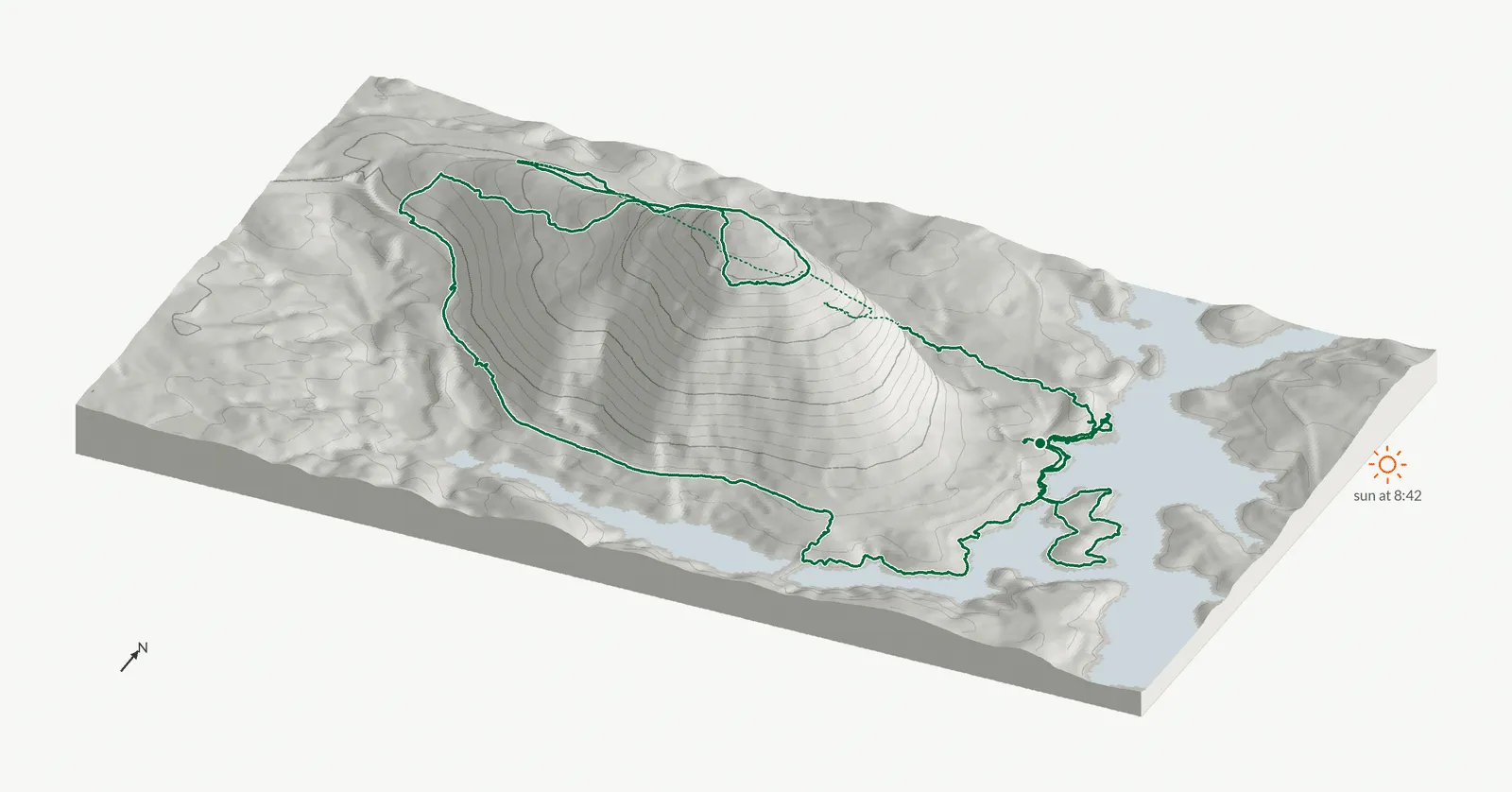 The route of May 24, 2025 on Cherokee Trail, Stone Mountain drawn on a relief model of the terrain, seen from the south-southeast and lit from the east