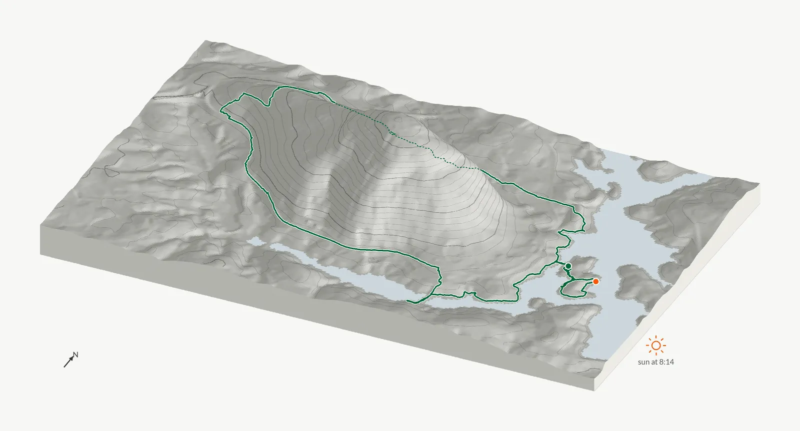 The route of February 23, 2025 on Cherokee Trail, Stone Mountain drawn on a relief model of the terrain, seen from the south-southeast and lit from the east-southeast