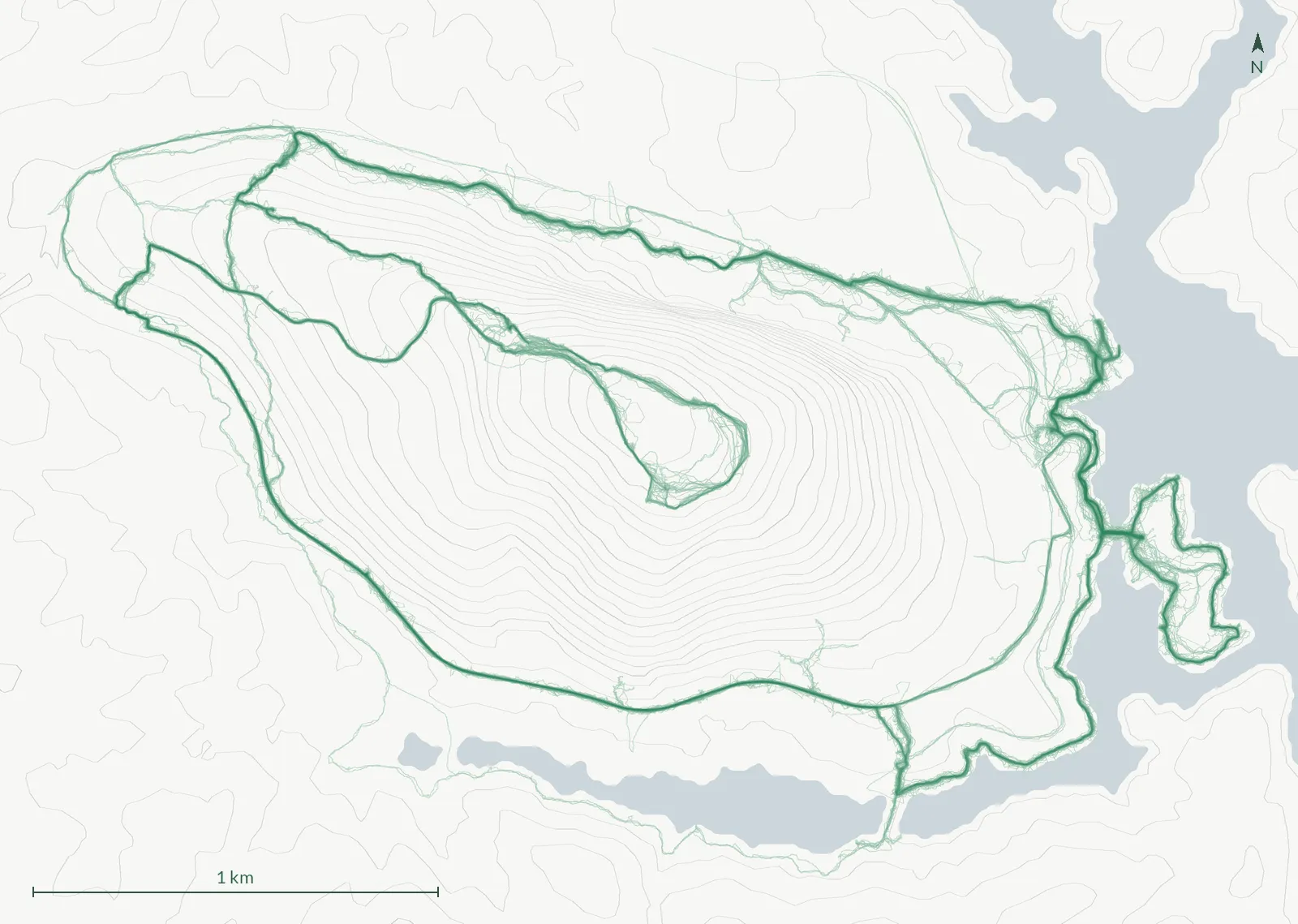 Every one of 116 recorded mornings on Cherokee Trail, Stone Mountain overlaid on one map, the line darker where more mornings walked