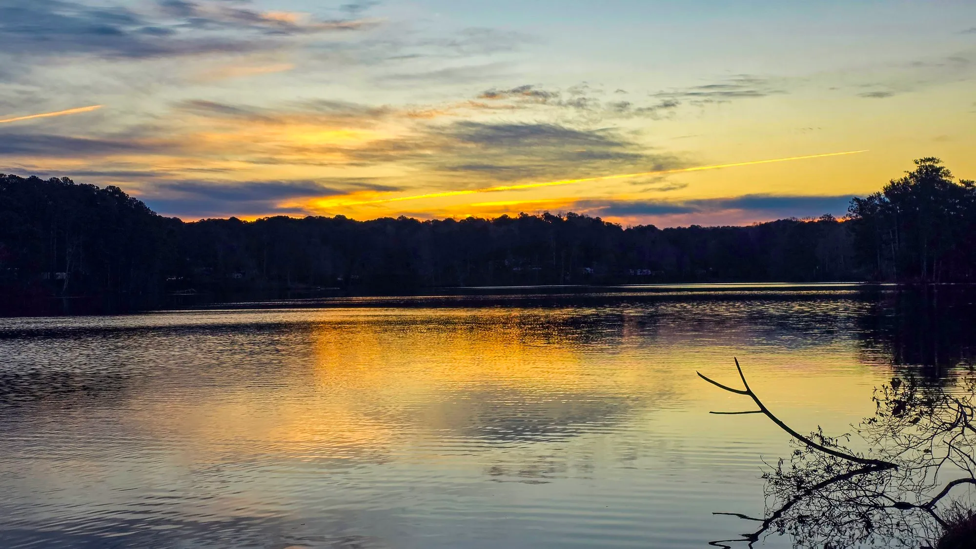 Gold and blue dawn with a contrail over the far shore, the lake calm, a bare fallen branch in the foreground