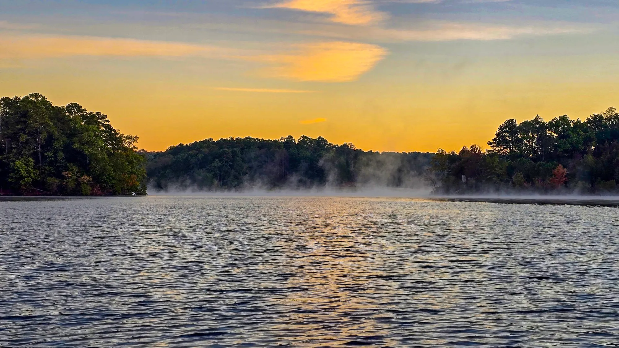 Mist rising off the lake at sunrise under a pale gold sky, the far shore's trees just turning