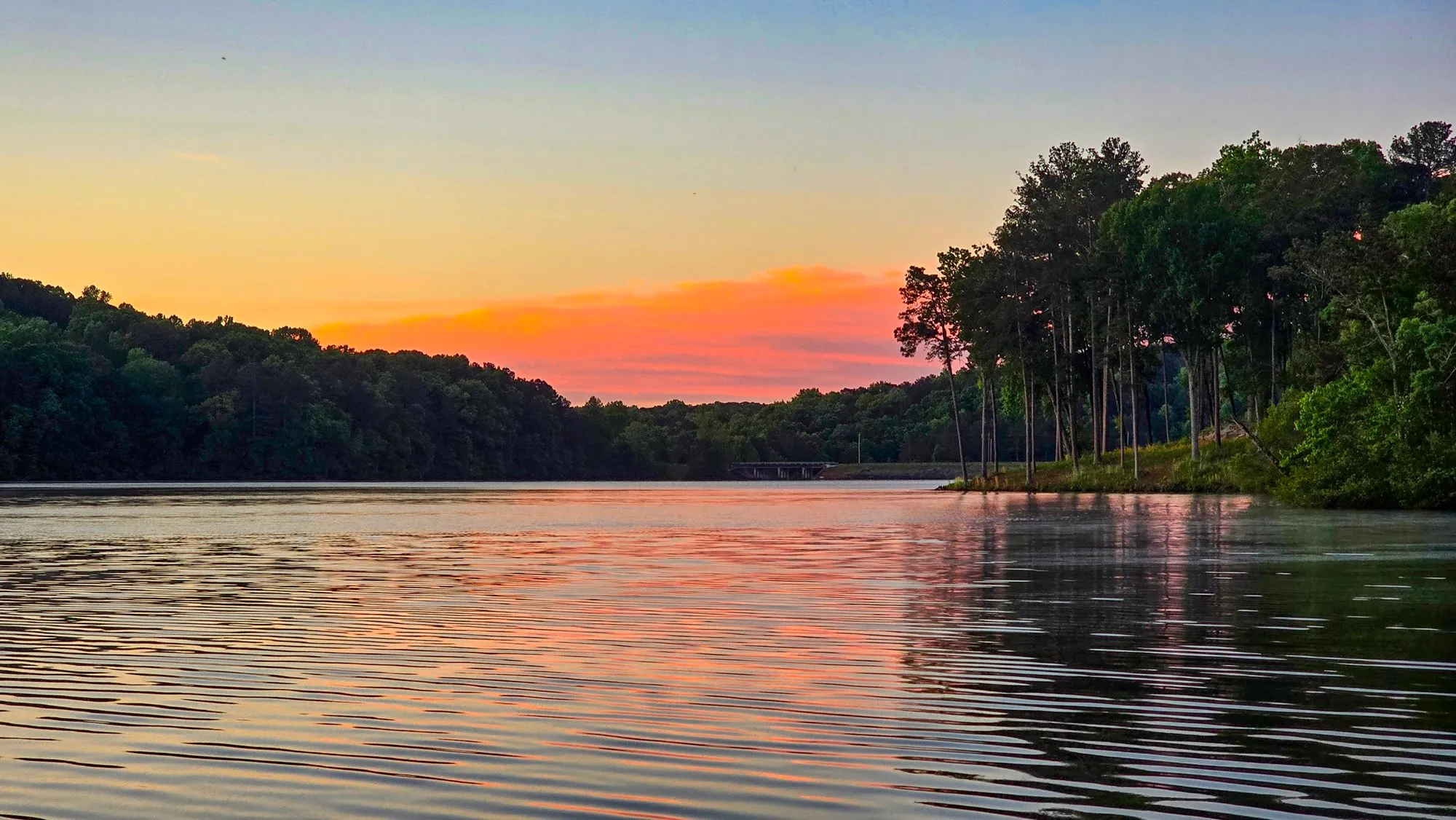 A band of orange cloud low over the lake before sunrise, the water rippled pink and silver, a bridge on the far shore and tall pines on the right
