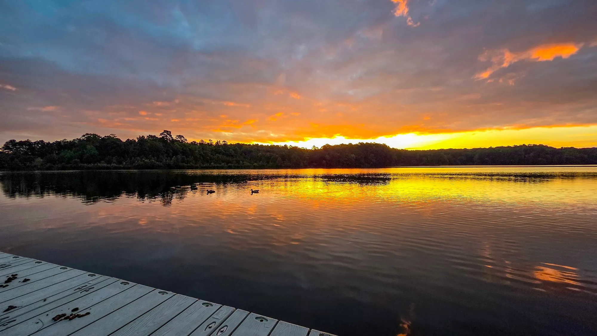 Gold sunrise breaking at the far shore under gray cloud, a dock in the foreground, the water calm