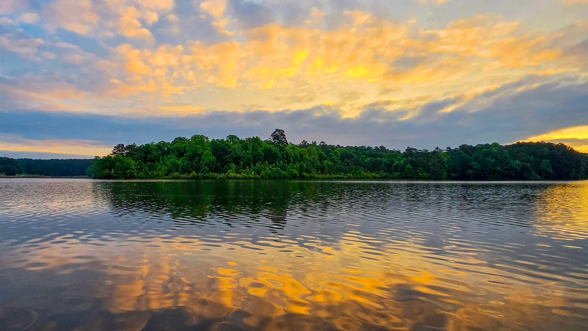Yellow and gray cloud lit from below after sunrise over the far shore, rippled water carrying the color