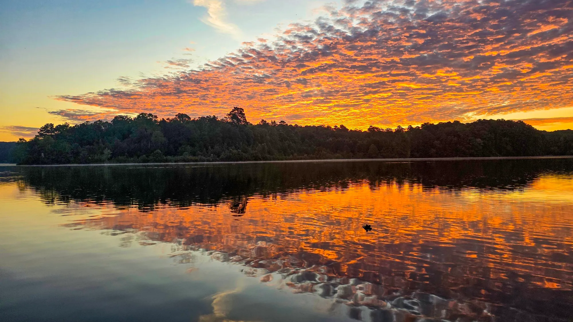 Orange cloud fanning across the sky at sunrise, the far shore dark, the lake mirroring the orange