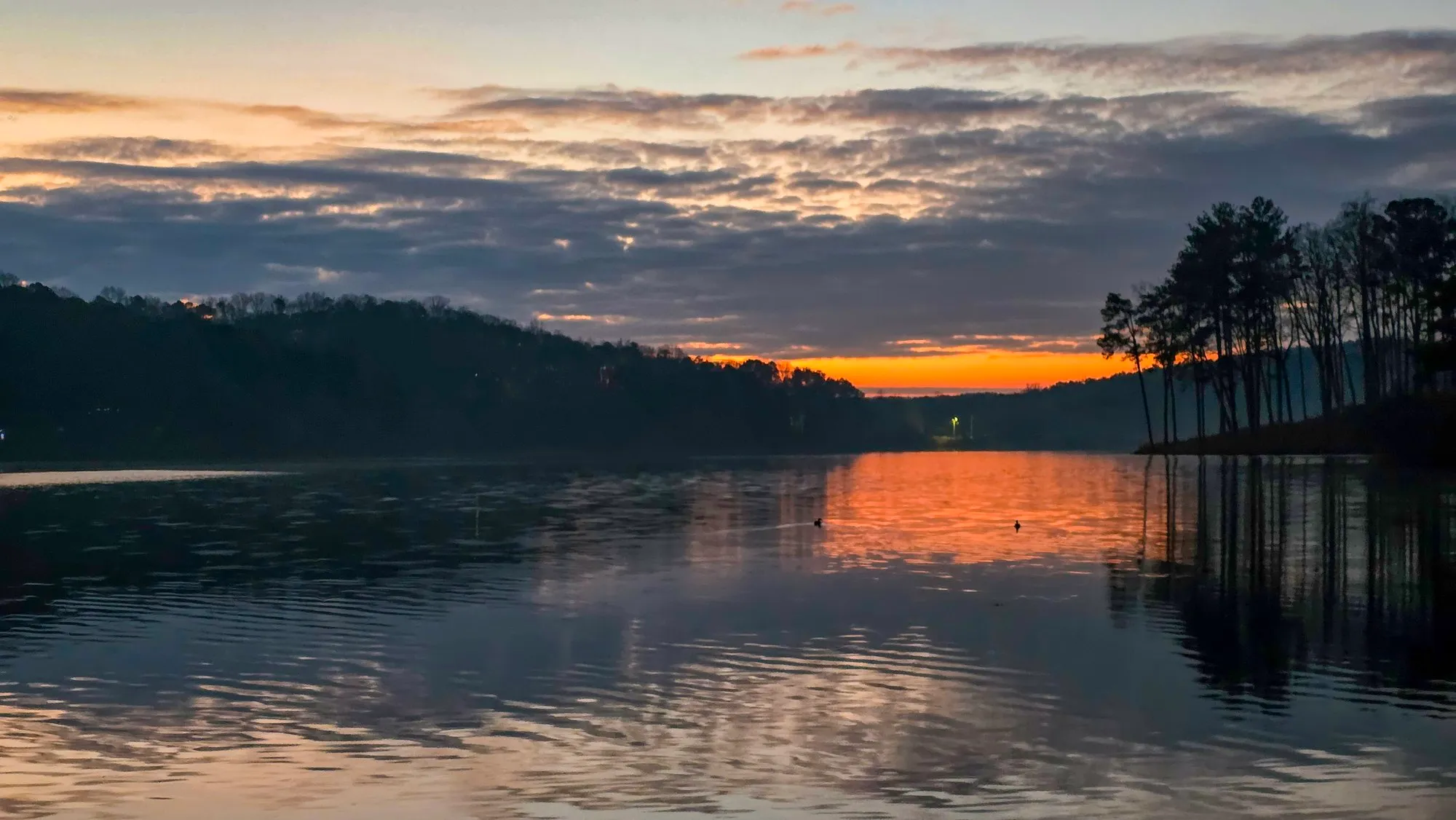 Gray cloud over the lake half an hour before sunrise with a band of orange on the horizon, pines on the right shore