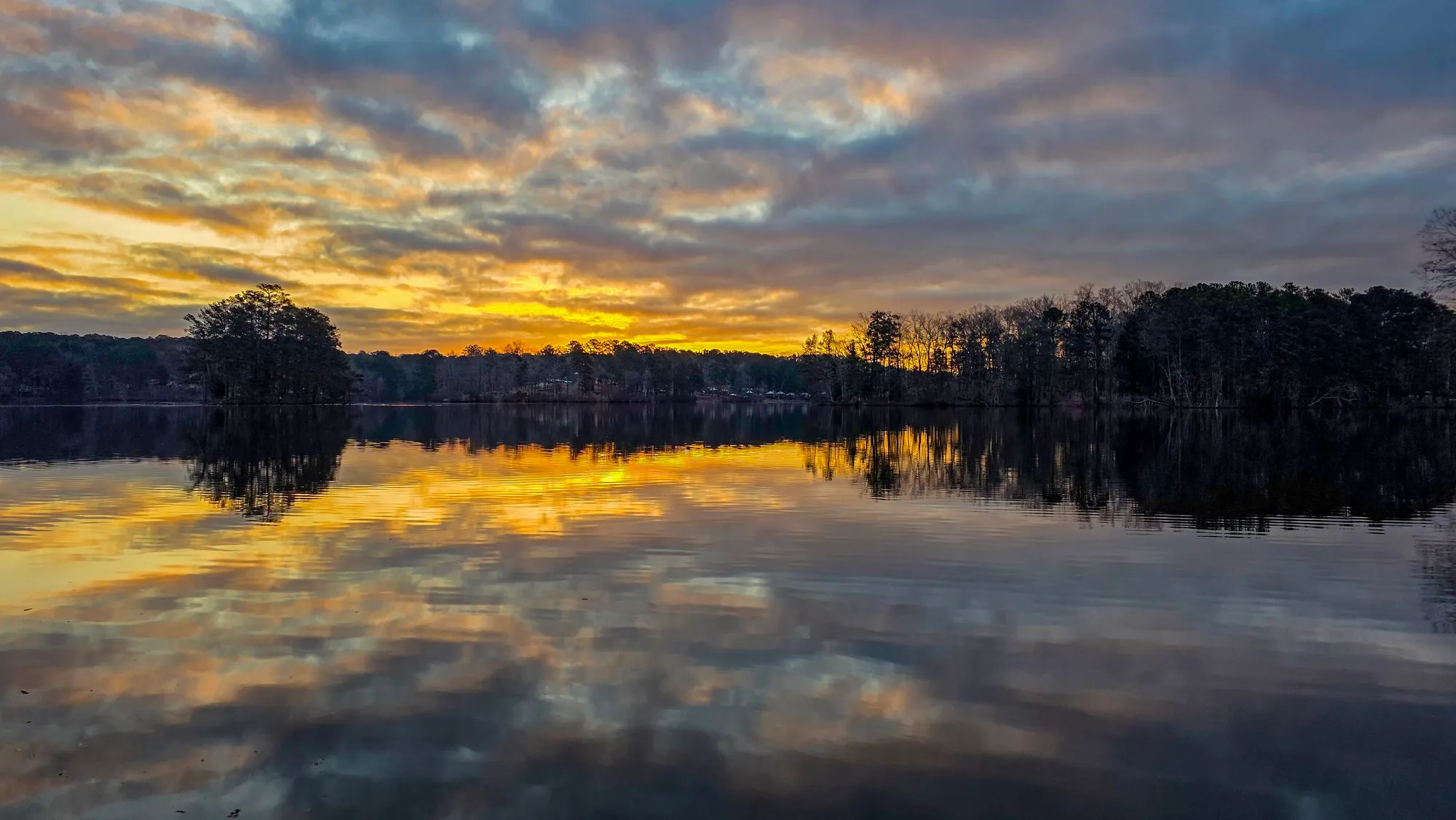 Broken gray cloud lit gold from below after sunrise, the whole sky reflected in a still lake, bare trees on both shores