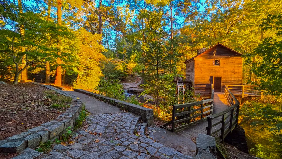 The Grist Mill in early sun, the wooden mill and its waterwheel beside a small spillway, a wooden walkway to its door and a cobblestone path between low stone walls, the trees around it lit gold