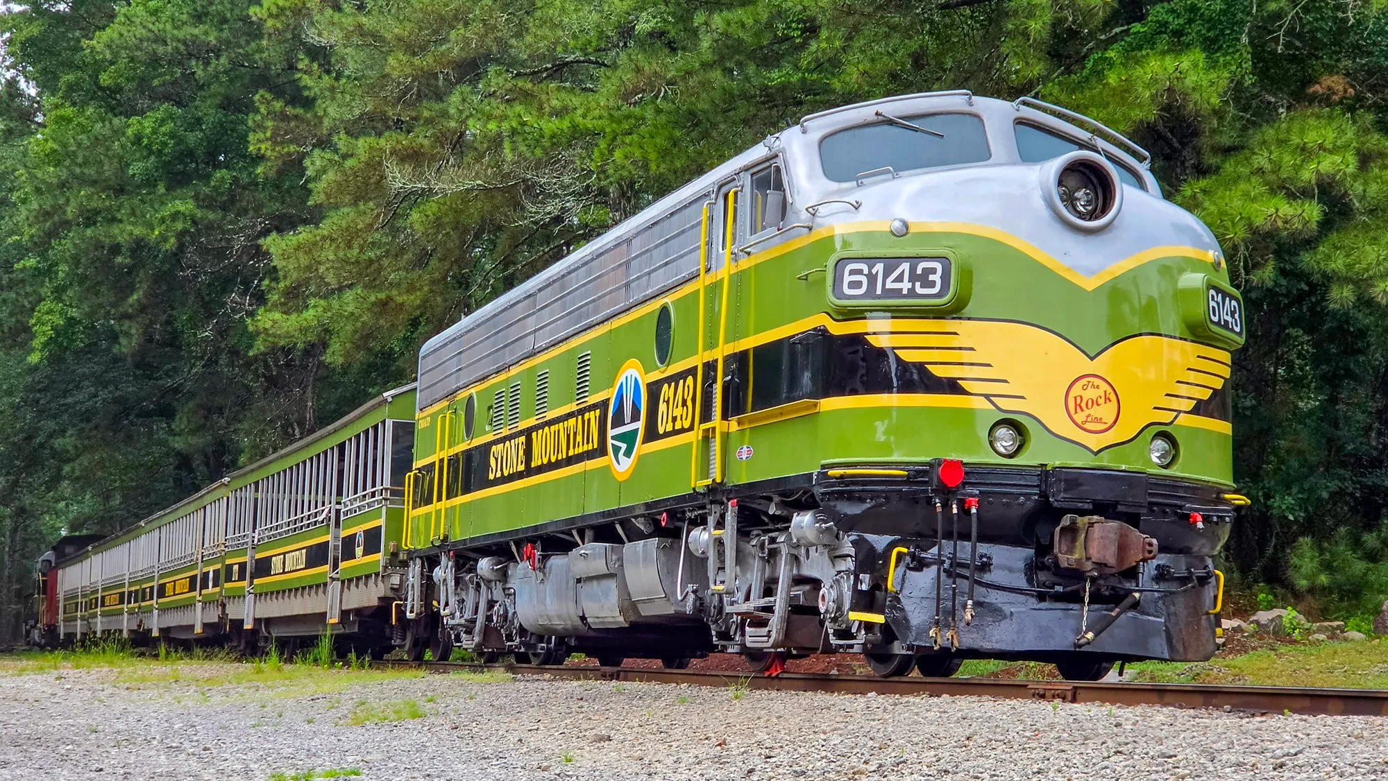The park's green and yellow diesel locomotive 6143 with its open-sided cars behind, standing on the track beside the pines